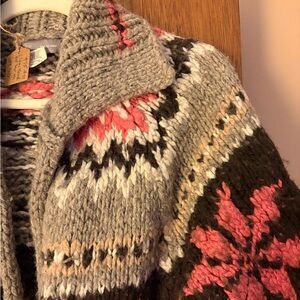 J. Crew Knit Cardigan Sweater Coat - Taupe with Pink Fair Isle